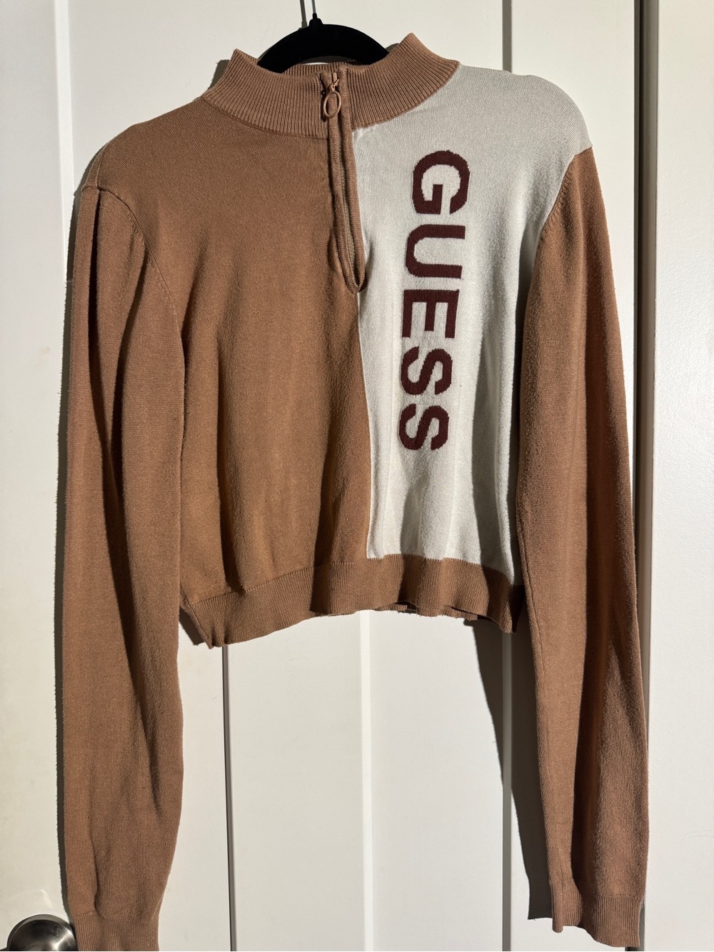 GUESS Vintage Two-Tone Tan and Cream Half-Zip Cropped Sweater
